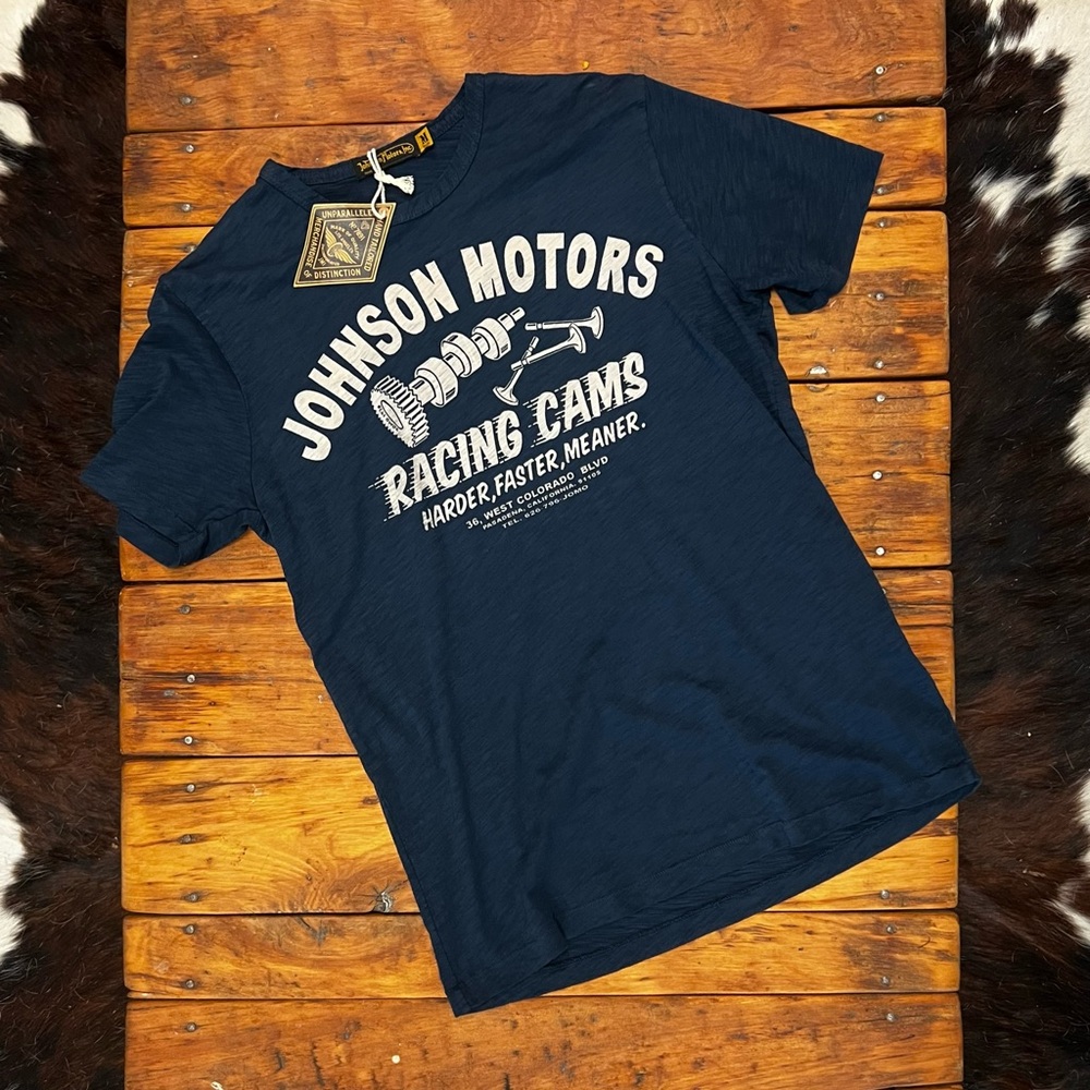 Johnson Motors “Racing Cams” vintage slub moto tee. NWT